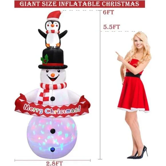 6FT Christmas Inflatable Snowman Decorations, Blow Up Snowman Penguins - Picture 2 of 7